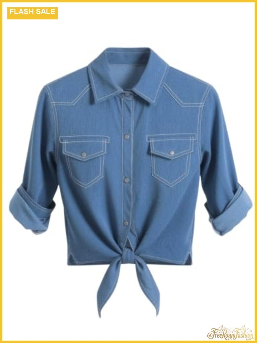 Women's Cropped Denim Button Down Shirt w/ Tie Front & 3/4 Sleeves